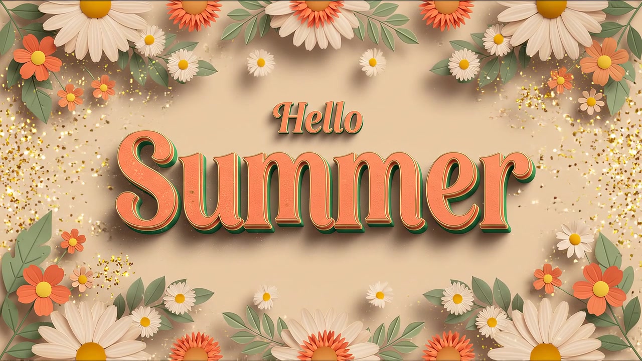 Hello Summer Seasonal Typography Animation with Floral Decorations on Beige Background