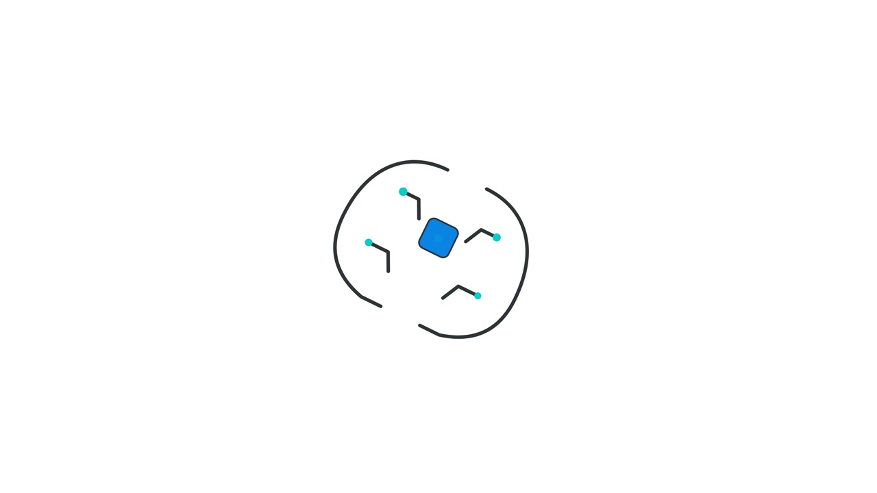 Animazione Minimalista di un Quadrato Blu che si Espande in un Nodo di Rete