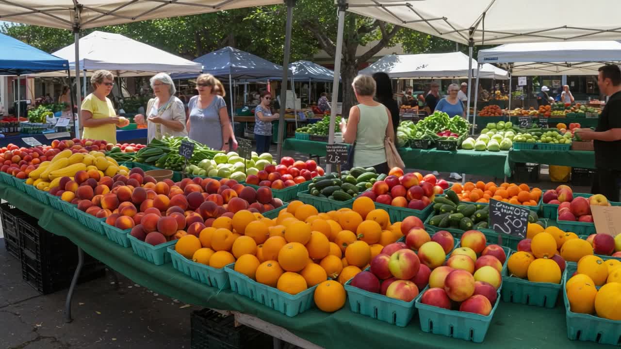 Vibrant Farmers Market with Fresh Fruits and Vegetables on Display