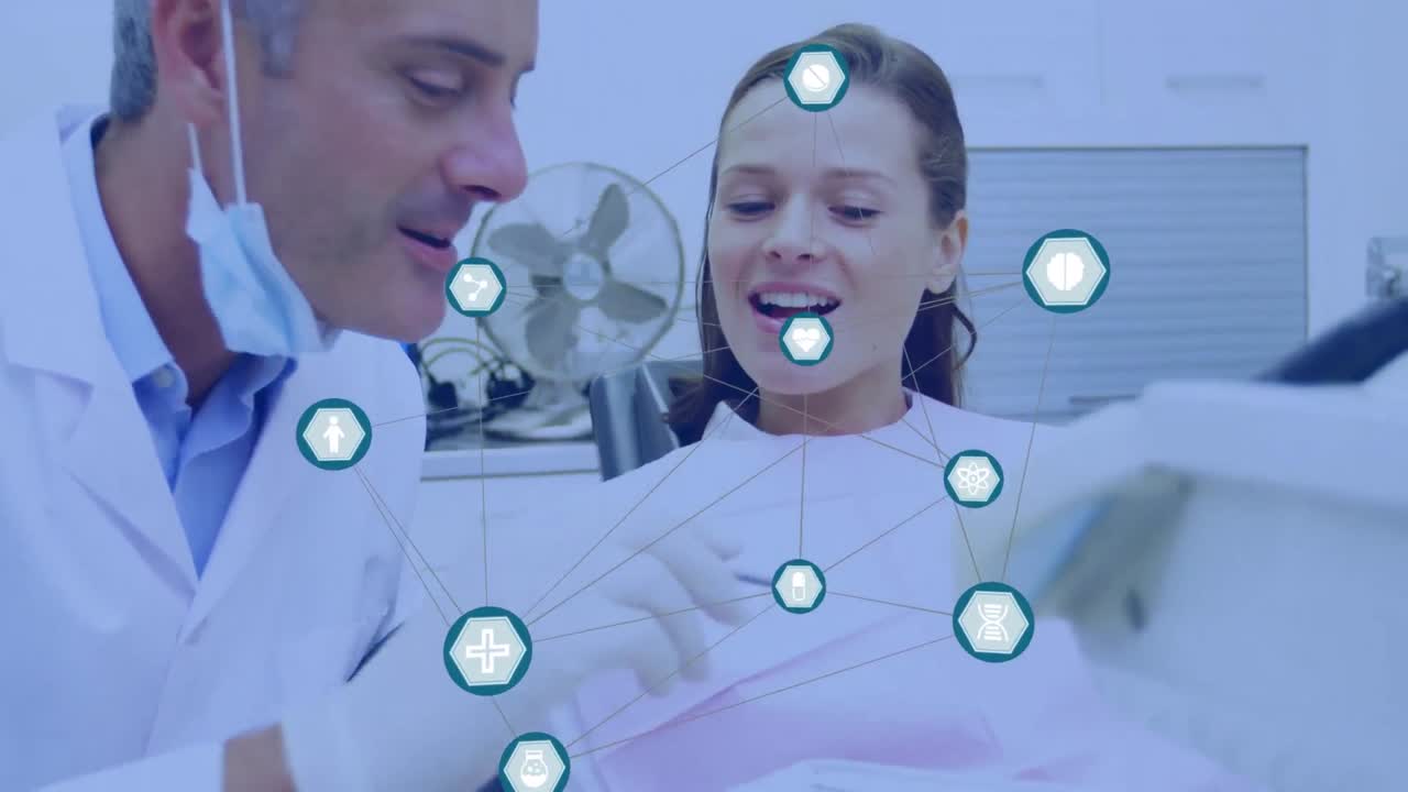animación de la red de conexiones con iconos sobre el dentista con el paciente