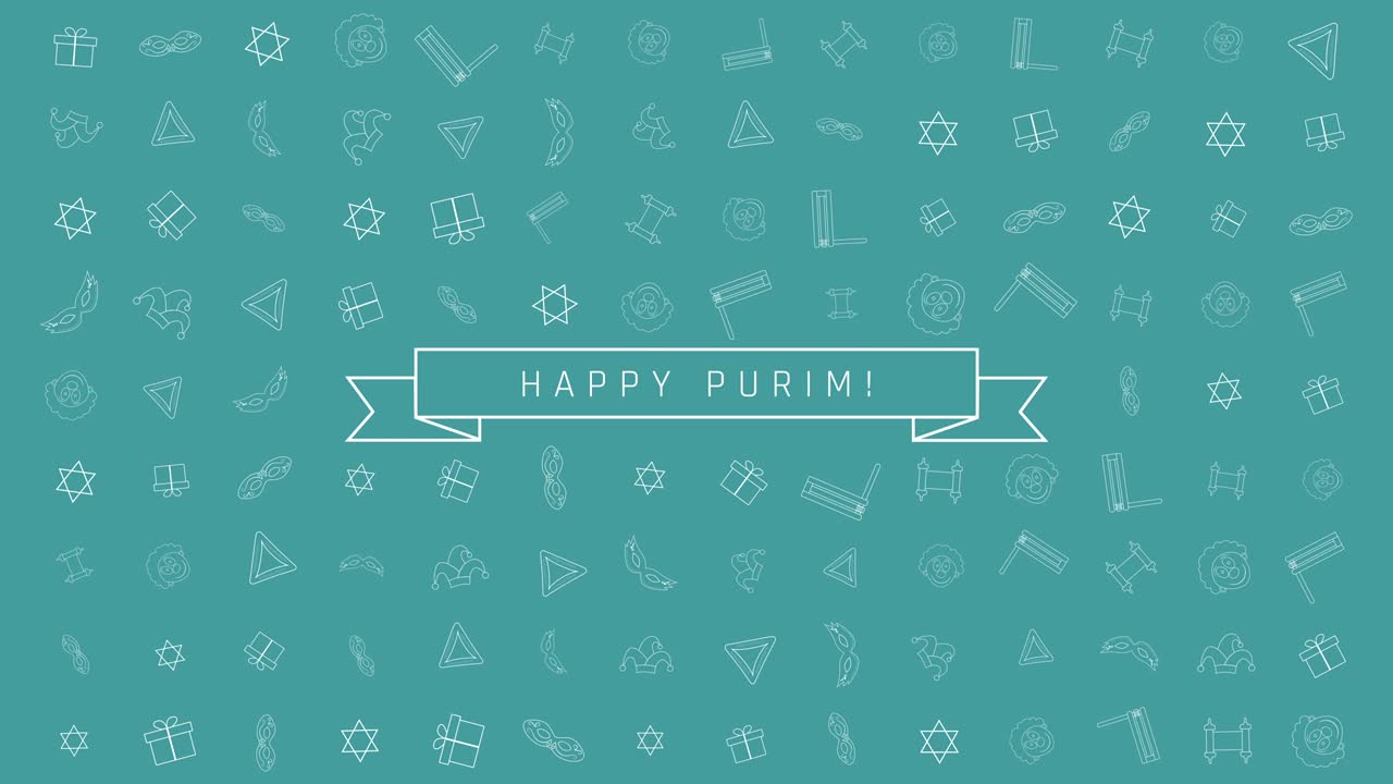 fondo de animación de diseño plano de vacaciones de purim con símbolos de iconos de contorno tradicionales y texto en inglés