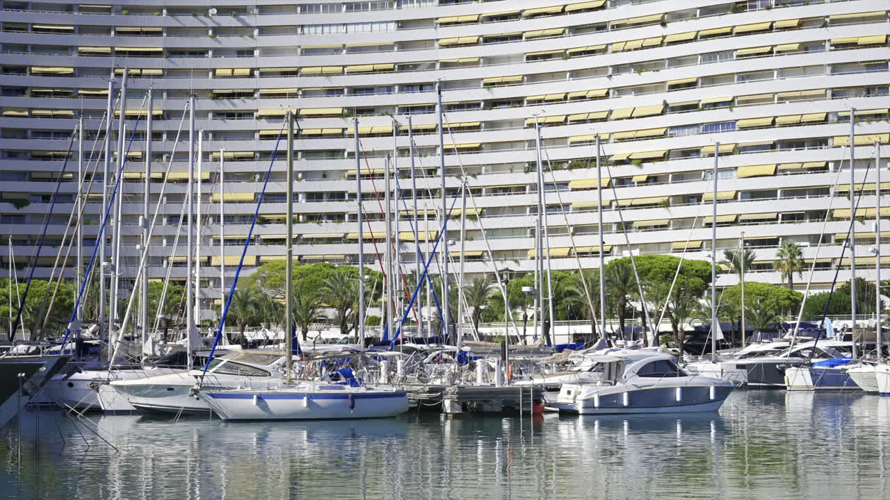 Villeneuve-Loubet, France - June 7, 2025: Boats docked in the Marina Baie des Anges in daylight