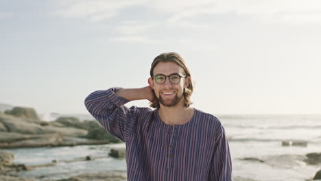 beach, freedom and nature with a man tourist nerd