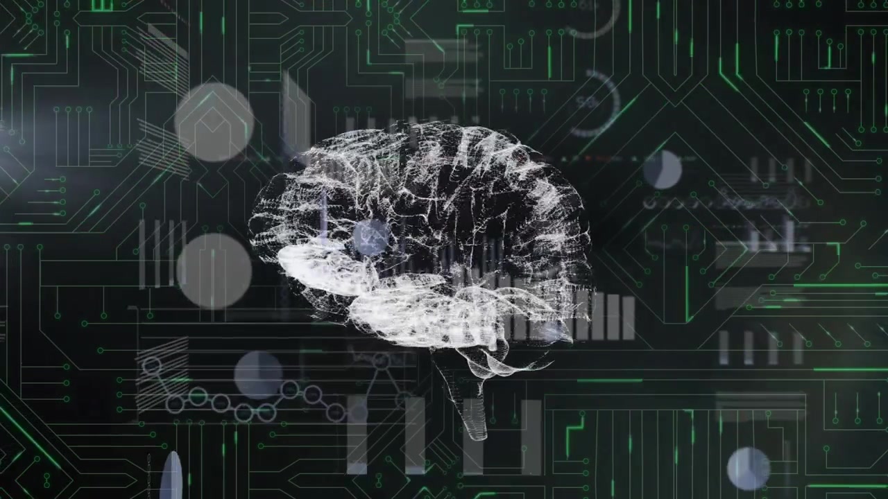 Animation of data processing and brain over black background