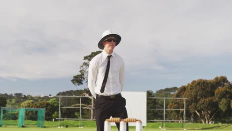 cricket umpire making signs standing on a cricket pitch