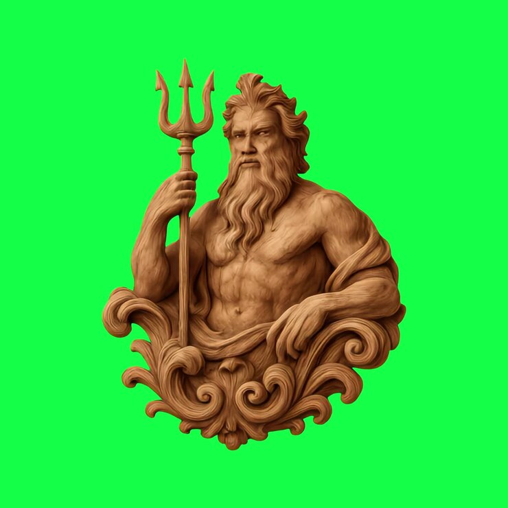 Animazione di scultura in legno di Poseidone, video 4K trasparente, green screen