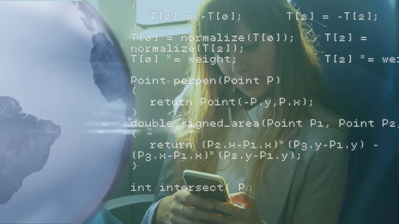 Animation of globe and digital data processing over caucasian woman using smartphone