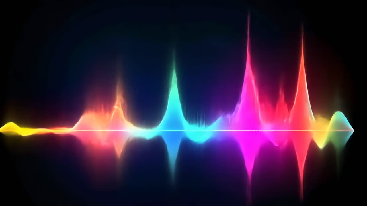 Vibrant, colorful sound waves in a digital style, viewed from a low angle, resembling an audio