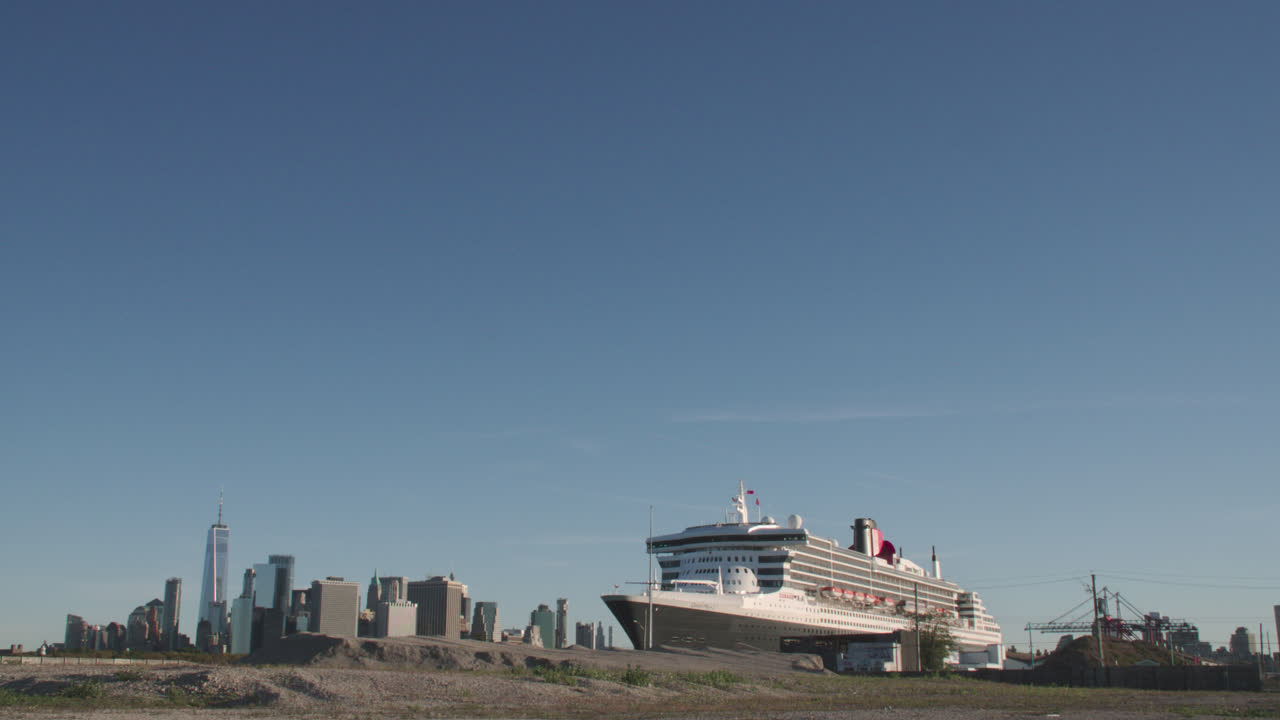 Establishing shot of the Brooklyn Cruise Terminal. Shot on an autumn morning with the New York City skyline in the background