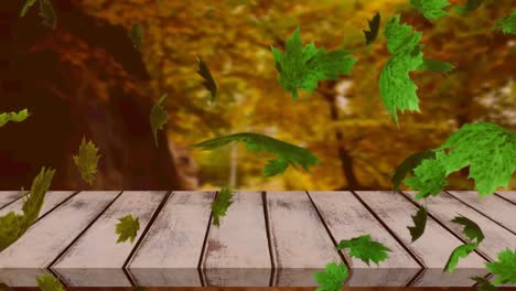 digital animation of multiple autumn leaves floating over wooden surface against forest