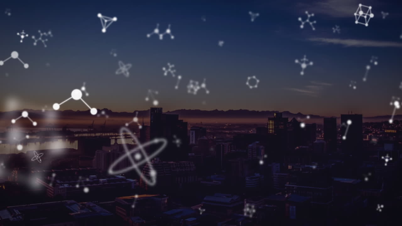 Animation of shapes moving over cityscape
