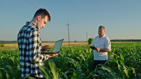 agricultores inspeccionando el campo de maíz con tecnología