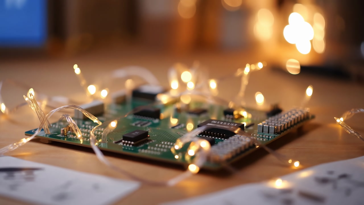 Closeup Circuit Board With Fairy Lights, Soft Bokeh Warm Ambient Glow, Hobbyist Workspace On Wooden Desk,