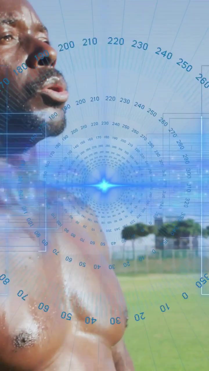 Vertical video: Man breathing postworkout health HUD over chest with blue pulse tracking vitals