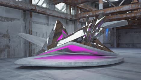 abstract sculpture with pink neon lighting in a brutalist industrial setting
