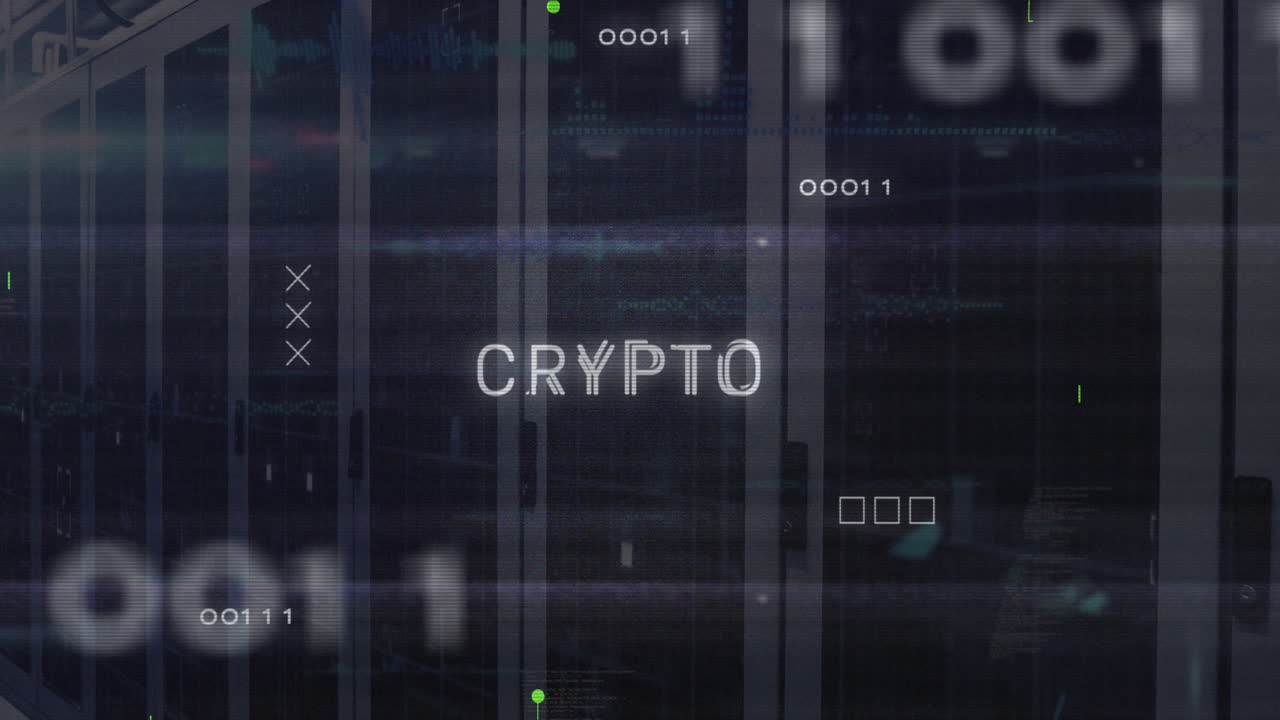 Animation of crypto text and electronic circuit board pattern over data server systems