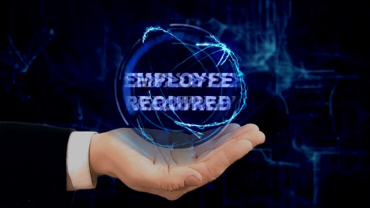 Painted hand shows concept hologram Employee required on his hand