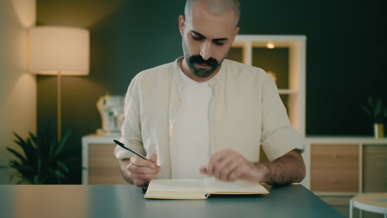 A focused smiling good-looking bearded young man seated at the workplace uses a pen and notebook to write notes, plans, thoughts, and lists to finish his work and then stands up and leaves the room