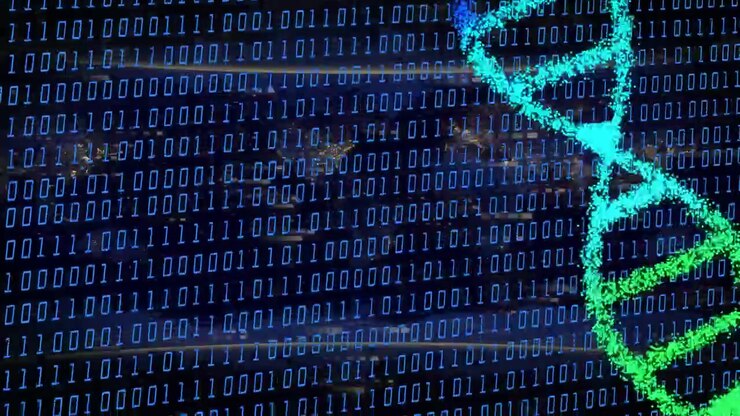 Particle stream rising forming spiral helix beside white file bits grid moving showing genomic data