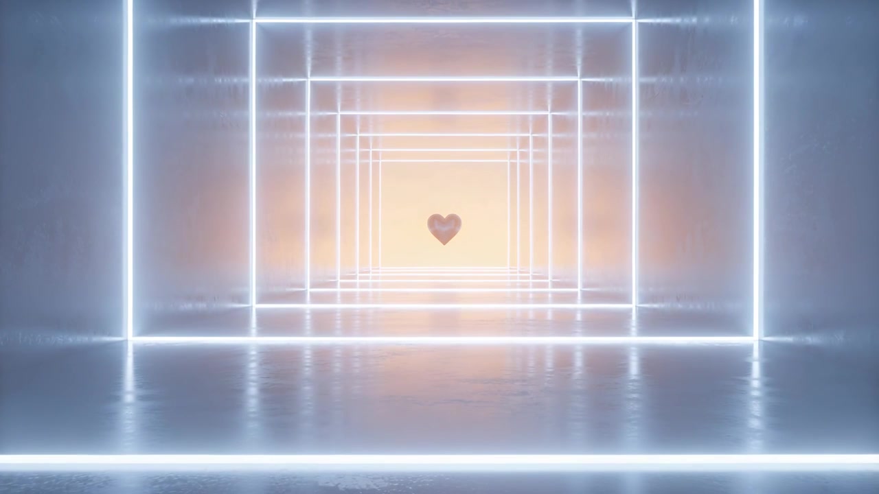 La telecamera inizia a muoversi in avanti per rivelare un cuore fluttuante nel punto di fuga di un tunnel, con cornici al neon.