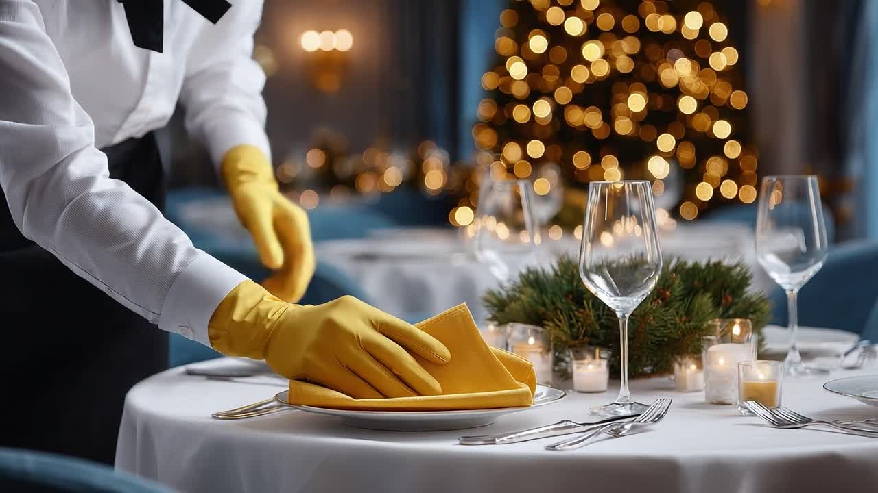 Winter Celebration Dining Experience: A Server Prepares an Elegant Table Setting with Bokeh Lights from a Beautifully Decorated Christmas Tree in the Background