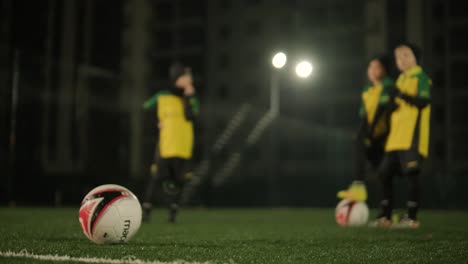 a children's football team trains at the stadium under the guidance of a coach. kids in sports uniforms practice ball exercises, improve technique, and develop teamwork on the green field