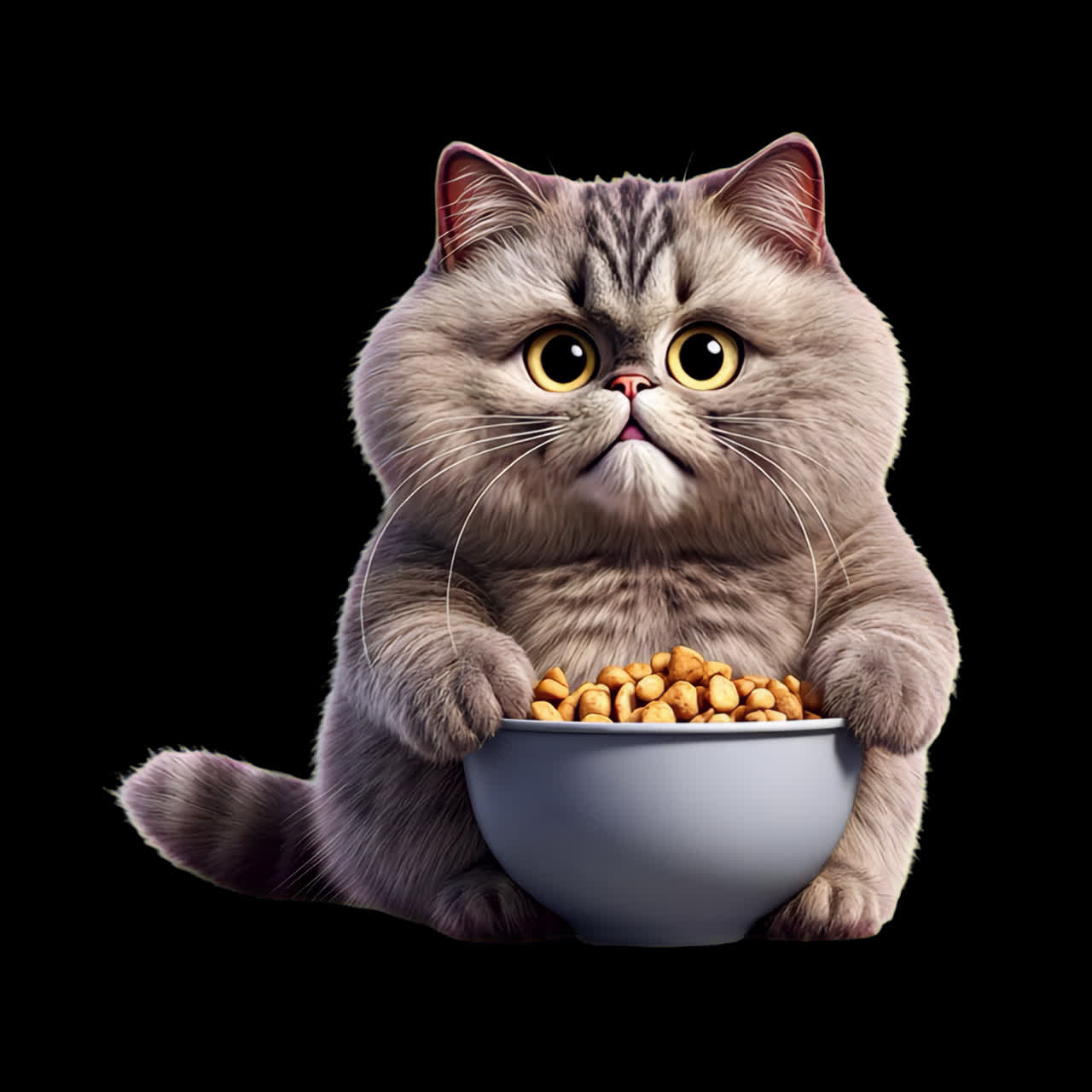 Süße flauschige Katze mit Schüssel-Animation, isoliertes Asset, transparentes 4K-Video, Alpha-Kanal, ProRes 4444