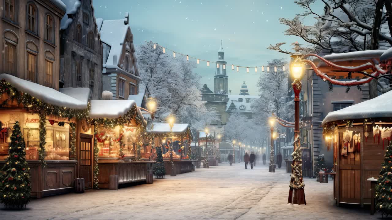 Charming winter market scene captured at eye level, showcasing festive stalls and snow-covered