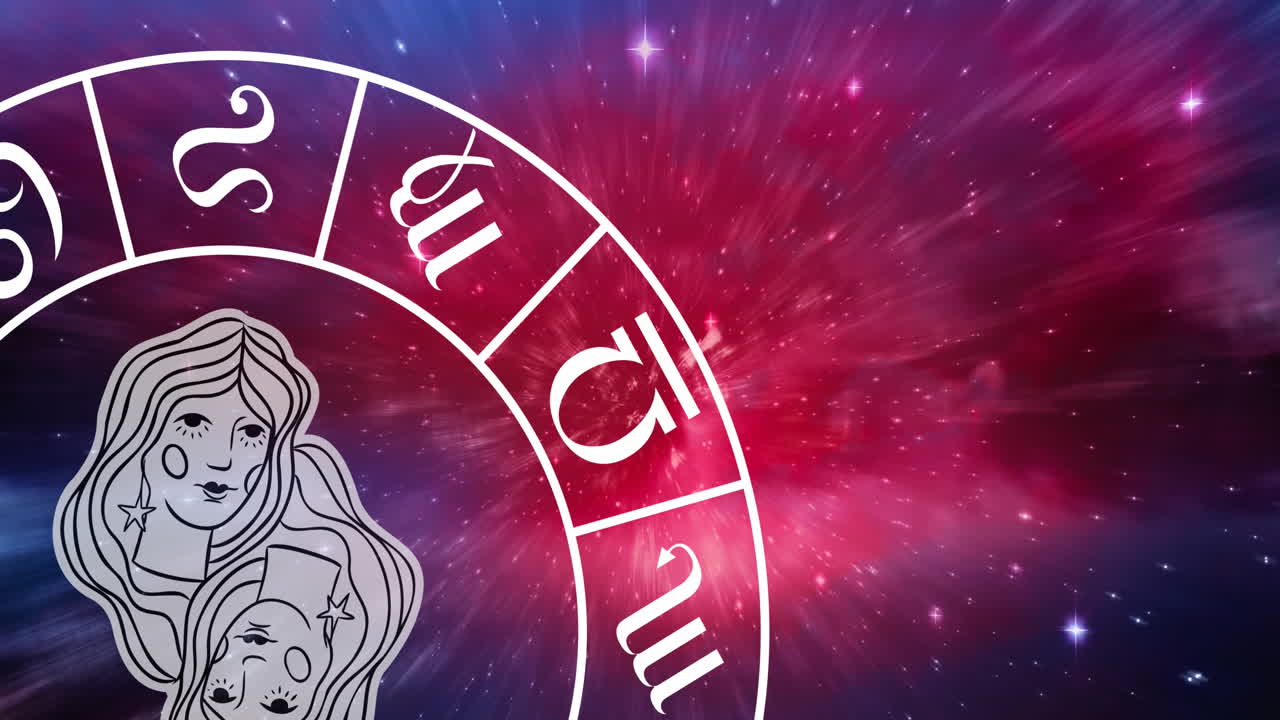Animazione del simbolo del segno zodiacale dei Gemelli in una ruota dell'oroscopo rotante su stelle luminose