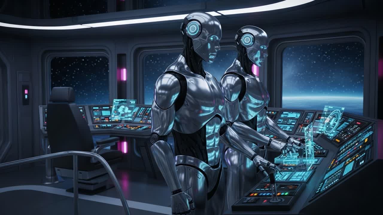 Futuristic Robots Operate Advanced Control Panel in High-Tech Spacecraft, Showcasing the Blend of Technology and Artificial Intelligence in Space Exploration