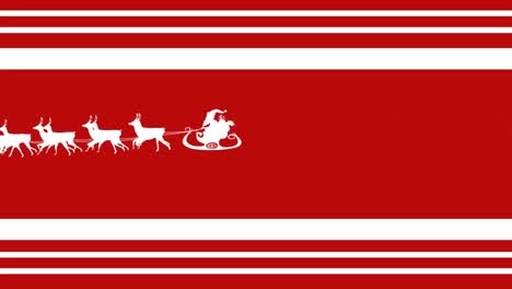 Animation-santa-claus-in-sleigh-with-reindeer-moving-on-red-striped-christmas-background