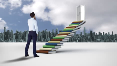 hombre de negocios mirando escalones hechos de libros frente a una ciudad