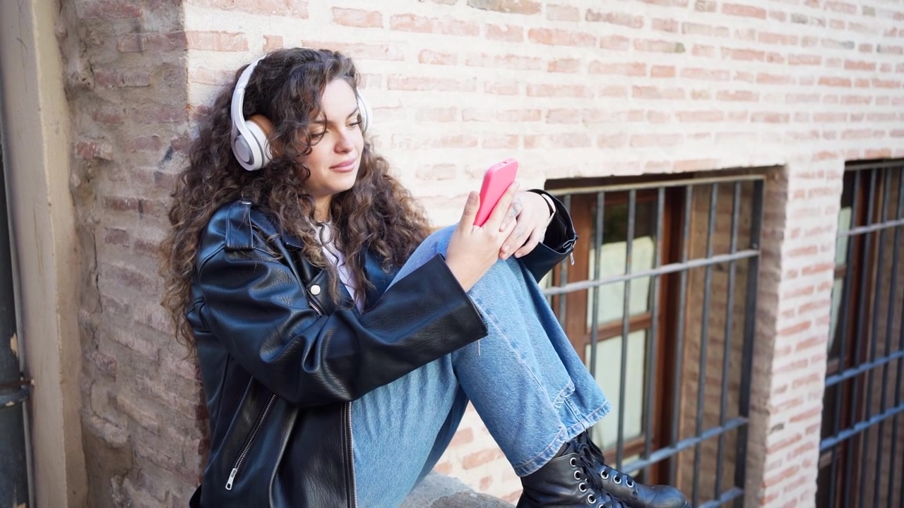 Una giovane donna che si gode felicemente la sua musica preferita mentre è seduta comodamente su una vivace strada cittadina.
