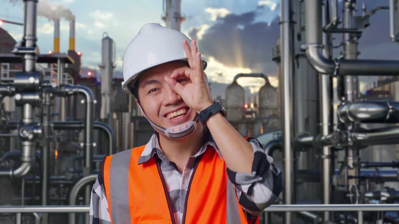 Smiling Engineer in Front of Industrial Plant