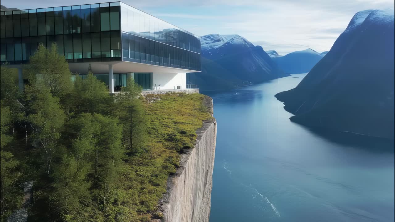 Glass architectural structure perched on rocky precipice, panoramic fjord view surrounded by verdant landscape and rugged mountain terrain, showcasing dramatic natural architectural interaction