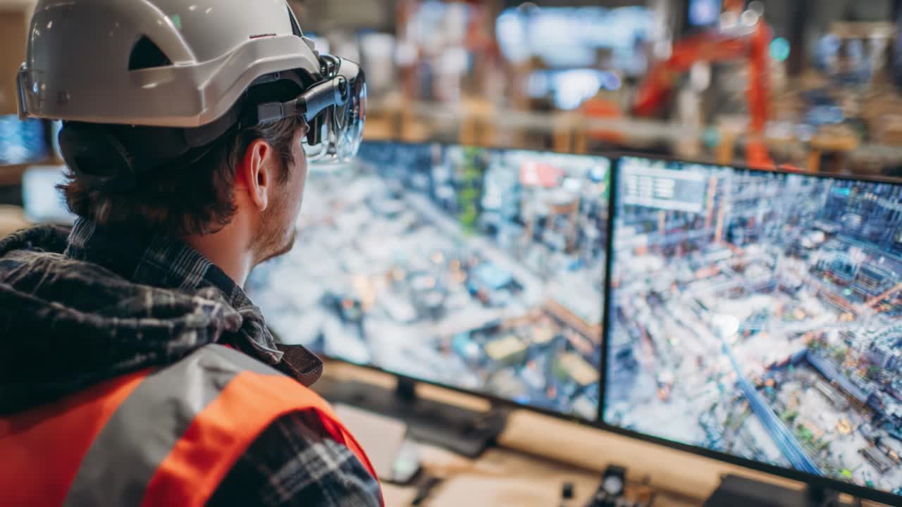 Innovative Worker Utilizing Advanced Technology to Monitor Construction Site Progress with Dual Screens while Wearing Virtual Reality Equipment in a Modern Workspace Setting