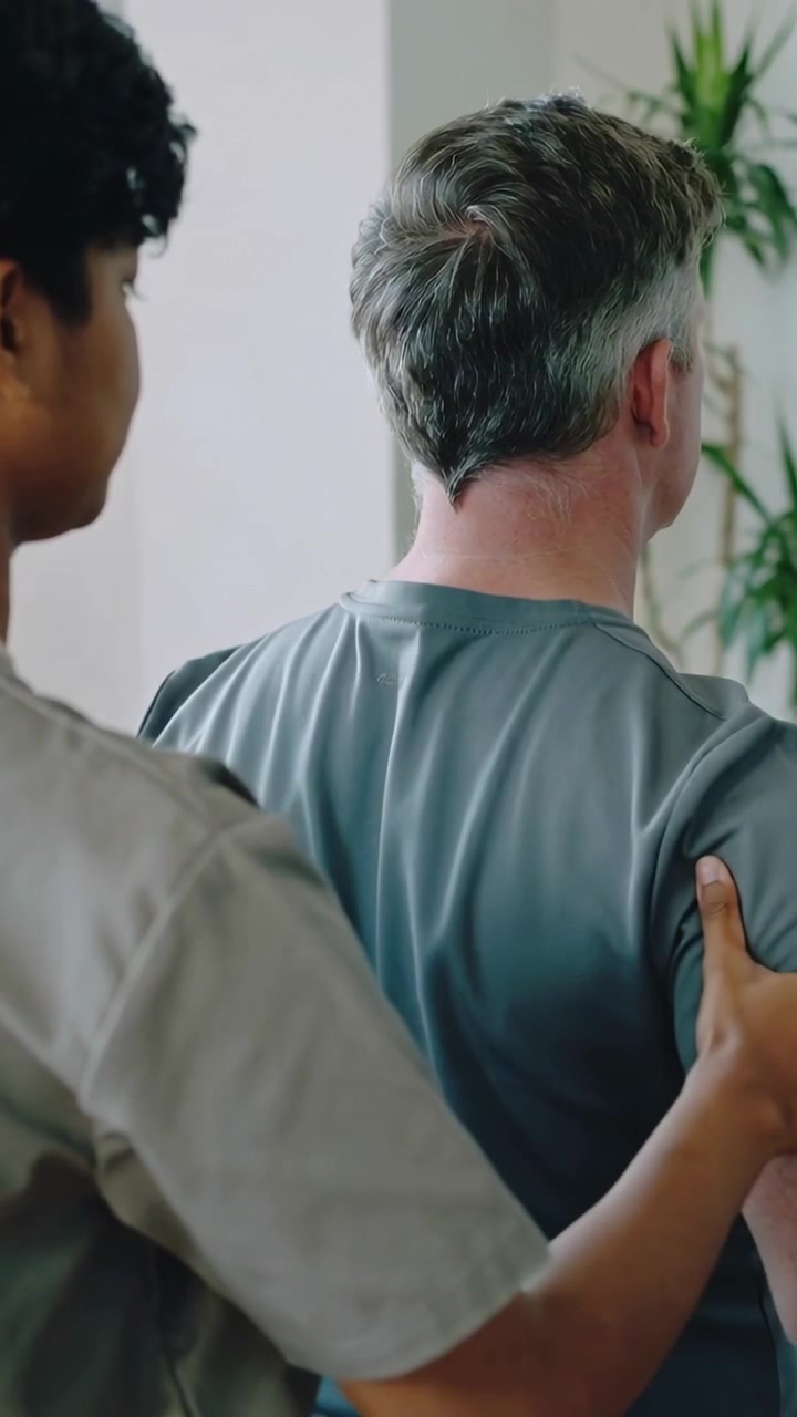 Vertical video: Session starting at home, helper placing hands on client shoulders for aid, plant