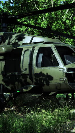 close-up of a military helicopter in a forest