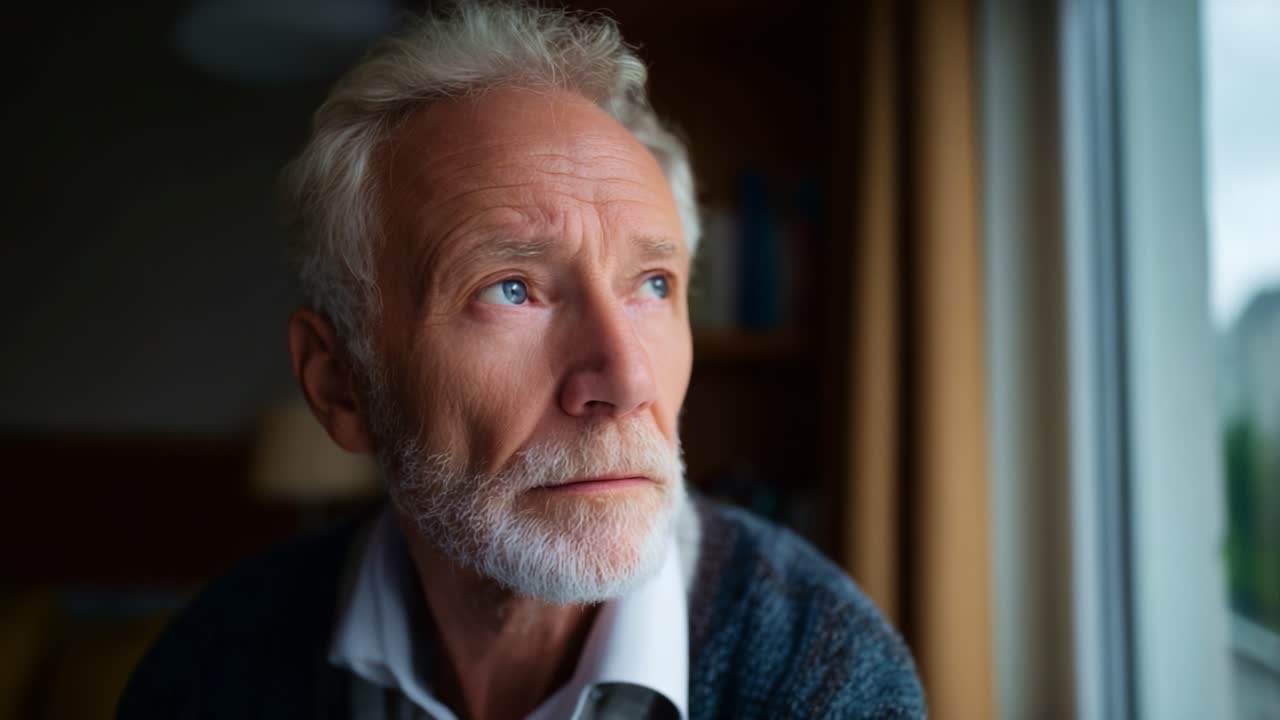 Reflective Elderly Man with Gray Beard Gazing Through Window, Contemplating Life's Moments in a Cozy Indoor Setting with Warm Ambient Light