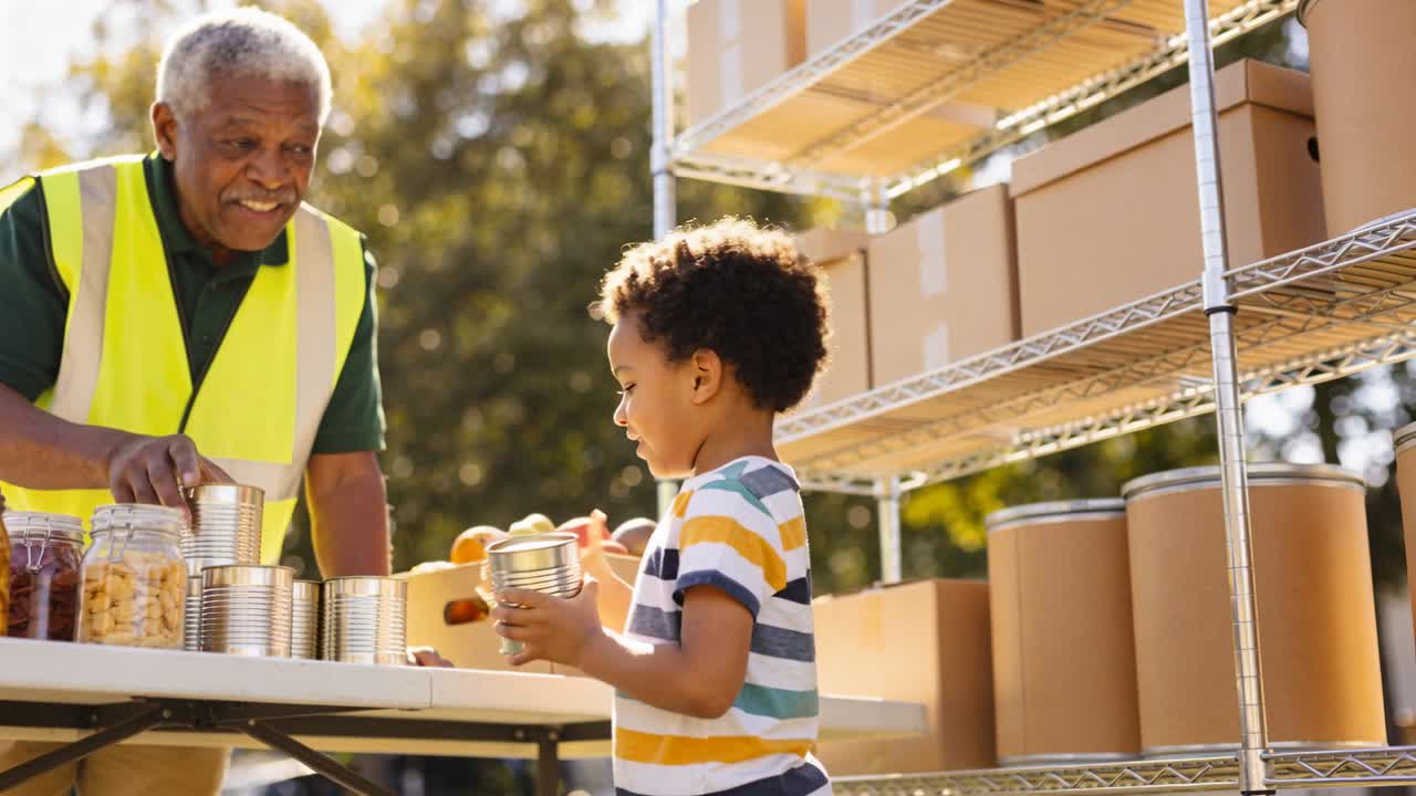 Vertical video: Senior volunteer handing cans to child, starting animated tags on cans for donation