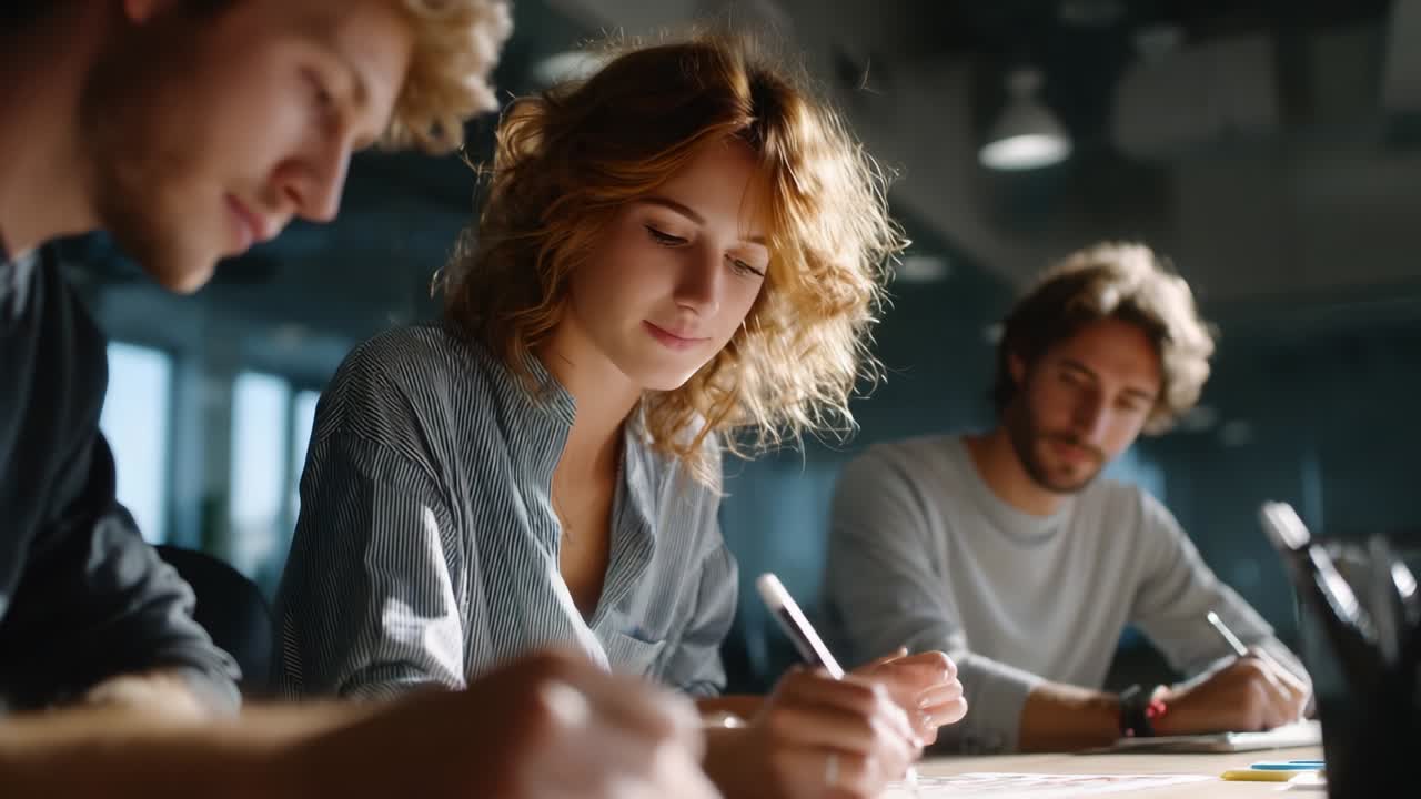 Gezielte Zusammenarbeit: Eine Gruppe junger BerufstätigerInnen, die sich an einem kreativen Brainstorming und einer Design-Session beteiligen und gemeinsam an einem Projekt mit Notizbüchern, Papier und Markern in einer modernen Büroumgebung arbeiten
