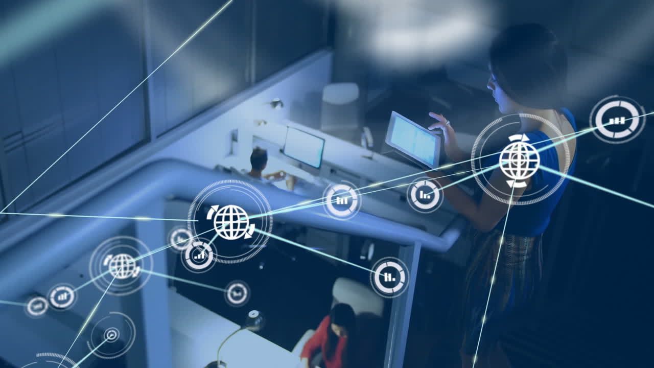 animación de la red de conexiones con iconos sobre mujer biracial usando tableta en la oficina