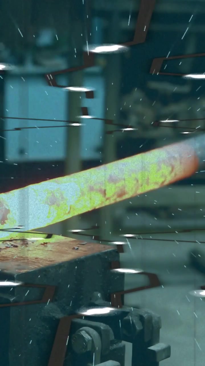 Vertical video: Ram lowering, pressing hot bar in forge, ejecting sparks and molten drops forging
