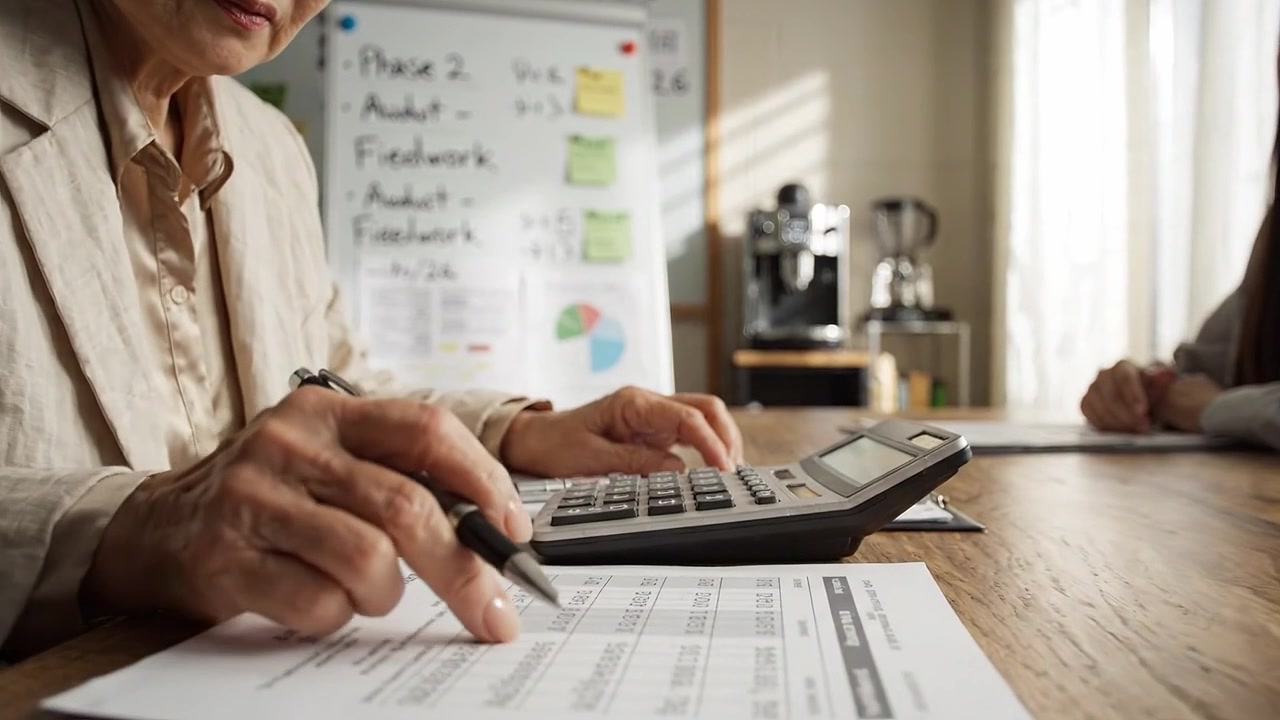 Sessione di analisi dettagliata: Un'anziana donna concentrata usa una calcolatrice mentre esamina documenti finanziari con un giovane apprendista in uno spazio di lavoro luminoso.