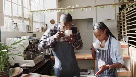 Fröhliche-Afroamerikanische-Coffeeshop-Besitzer,-Die-Kaffee-Probieren-Und-Reden,-Zeitlupe