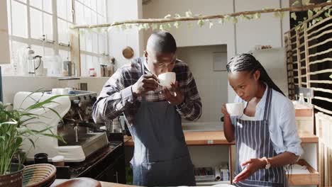 happy african american female and male coffee shop owners trying coffee and talking, slow motion