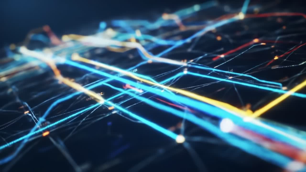 Dynamic Visuals of Interconnected Lines and Nodes Representing Complex Data Patterns and Networks, Highlighting the Intricacies of Modern Technology and Communication Systems