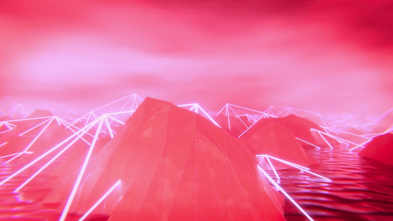 Vibrant Pink and Red Abstract Landscape with Glowing Wireframe Elements