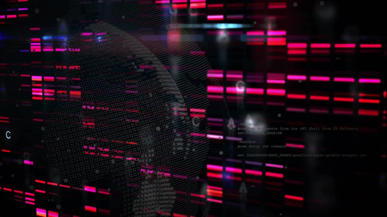 Timeline starting dotted globe rotating while magenta bars sliding, occluding, forming data matrix