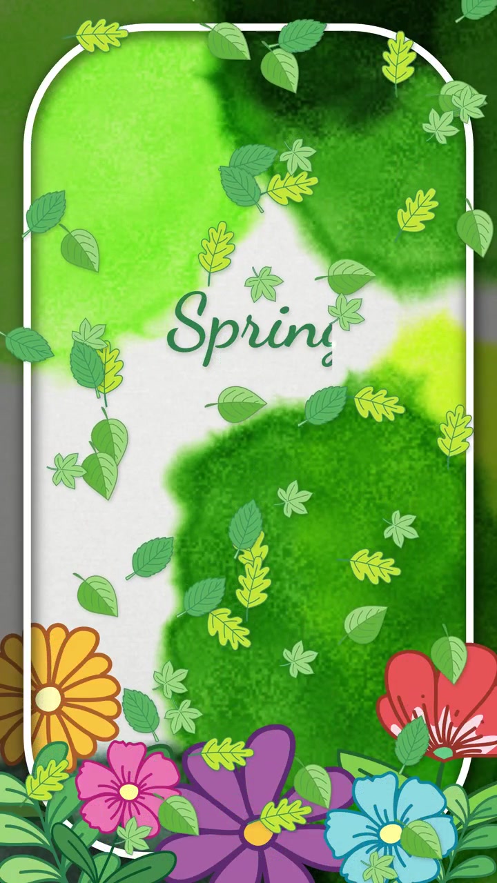 Green watercolor wash fills an arch frame with falling leaves and colorful blooming spring flowers.